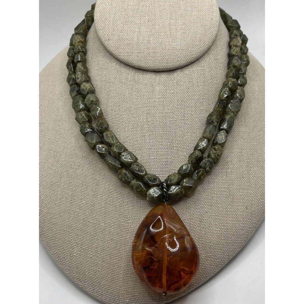 Green Amethyst & Baltic Amber 18" Necklace Sterling Clasp Earthy Natural Rustic - Picture 6 of 6